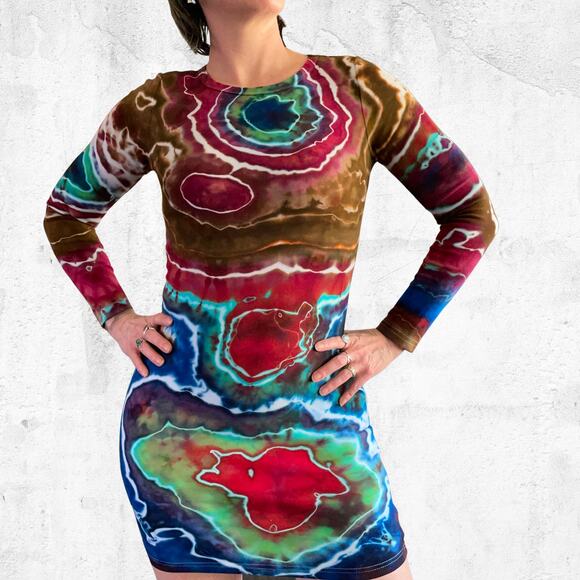 Ice Dyed Bodycon Dress - Long-sleeve Night Out - Rock meets Boho Women's Small - Picture 1 of 12